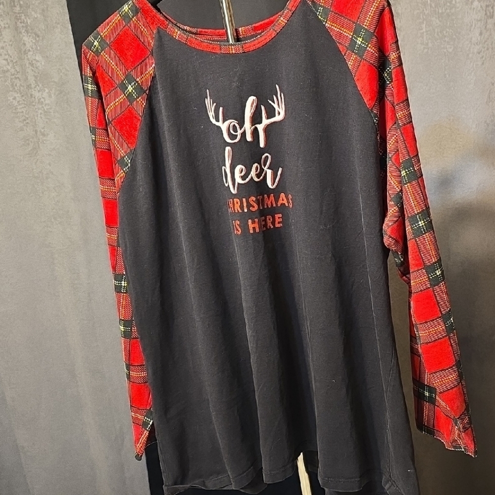 Festive Black Top with Red Plaid Accents